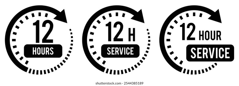 Símbolo de Vector de servicio de 12 horas. Signo de duración del servicio de 12h. Conjunto de iconos de oferta de descuento de 12 h. colección rápida de señal de Asistencia de 12 horas. Ilustración vectorial.