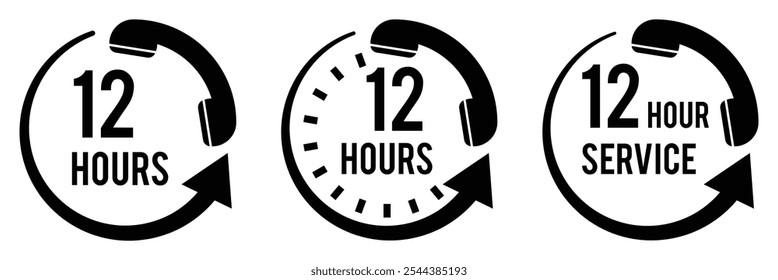 Símbolo de Vector de servicio de 12 horas. Signo de duración del servicio de 12h. Conjunto de iconos de oferta de descuento de 12 h. colección rápida de señal de Asistencia de 12 horas. Ilustración vectorial.