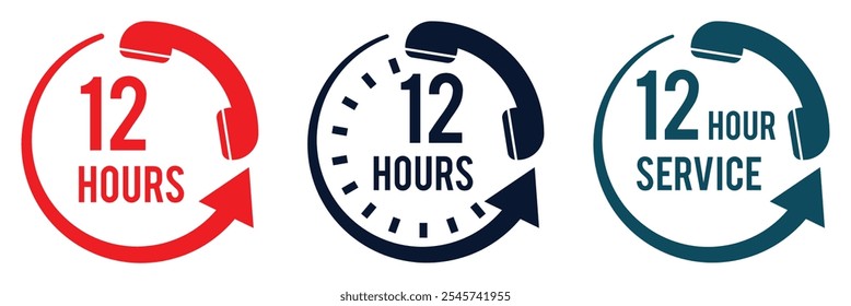 12 hours service vector symbol. 12h service duration sign. 12 h discount offer icon set. Fast 12hr support sign collection. Vector illustration.