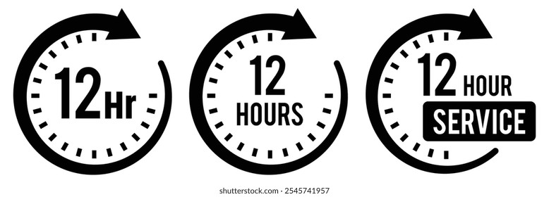 12 hours service vector symbol. 12h service duration sign. 12 h discount offer icon set. Fast 12hr support sign collection. Vector illustration.