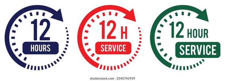 12 hours service vector symbol. 12h service duration sign. 12 h discount offer icon set. Fast 12hr support sign collection. Vector illustration.