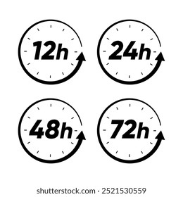 12 hrs, 24 hrs, 48 hrs, 72 hrs service icon set open shop or service available icon design black and white set of hours vector icon design