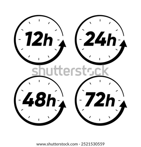 12 hrs, 24 hrs, 48 hrs, 72 hrs service icon set open shop or service available icon design black and white set of hours vector icon design