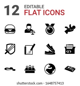 12 iconos rellenos de iconos se establecen aislados en fondo blanco. Iconos con hamburguesa, abogado, medalla, RPG, Esbozo, servicio de niñera, sombrero de mujer, equipo de desarrolladores, globo, iconos de barras de oro.