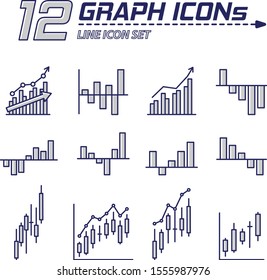 12 icon pack-set of business flat line graph/bar chart icon in many minimal Modern design style vector image