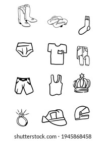12 icon set illustration of Cowboyboots, sandal, socks, underpants, sock, jeans, short, singlet, crown, rings, hat, helm