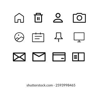 12 icons, home, trash, profile, camera, gallery, memo, pin, computer, gmail, message, credit card, paper 