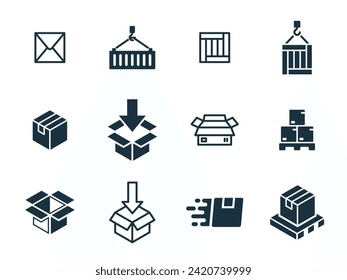 12 icons set on white background. online delivery service business. Parcel container, packaging boxes, web design for applications.
