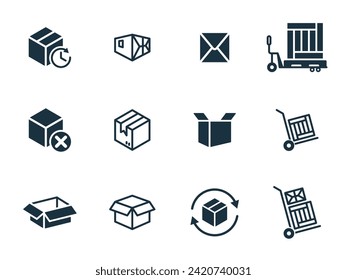 12 icons set on white background. online delivery service business. Parcel container, packaging boxes, web design for applications.