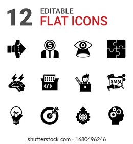 12 iconos llenos de ideas aislados en fondo blanco. Iconos con Llamado a la Acción, Emprendimiento, Visión, Tormenta Cerebral, Aprendizaje Basado en Juegos, Puzzle, grandes íconos de soluciones.