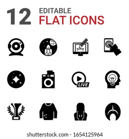 12 illustration filled icons set isolated on white background. Icons set with Web Camera, space exploration, Webdesign, stars, Laundry service, testing, champion, jumper icons.