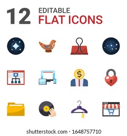 12 illustration flat icons set isolated on white background. Icons set with stars, Toys making, Binder clip, Mobile Learning, responsive web design, constellation, Folder icons.