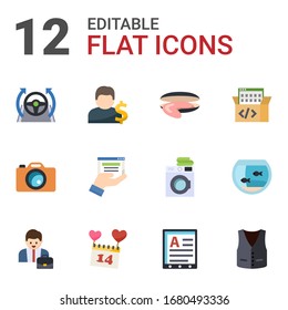 12 illustration flat icons set isolated on white background. Icons set with Autopilot, Account, oyster, Photo services, web services, Game-based Learning, Entrepreneur icons.