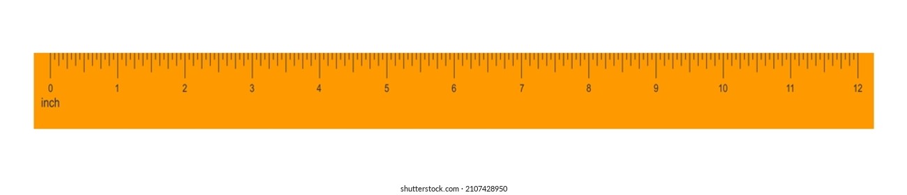 12 inches or 1 foot orange ruler isolated on white background. Math or geometric tool for distance, height or length measurement with markup and numbers. Vector flat illustration.