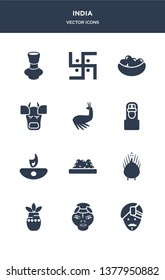 12 india vector icons such as indian man, kathakali, kumbh kalash, turkey, indian sweets contains diwali lamp, vishnu, peacock, indian cow, laddu, swastica icons