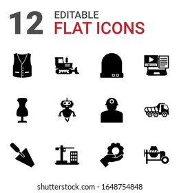 12 iconos llenos de la industria se establecen aislados en fondo blanco. Iconos con chalecos, bulldozer, tecnología Futura, maniquí de coser, AI Robot, Integración de Sistemas, trowel, Iconos de Construcción.