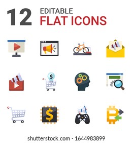12 information flat icons set isolated on white background. Icons set with video Presentation, Video training, bicycle parking, Video marketing, Online Training, Mail marketing icons.