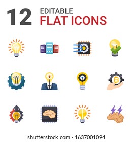 12 innovation flat icons set isolated on white background. Icons set with Idea, Big data, Machine learning, Creative process, creativity, great solution, Innovation business icons.