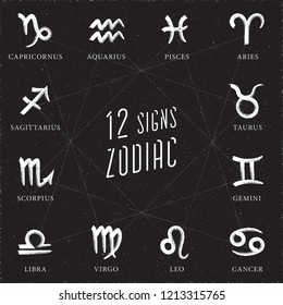 12 Inverted Clockwise Zodiac Signs Capricorn Aquarius Pisces Aries Taurus Gemini Cancer Leo Virgo Libra Scorpio Sagittarius and Logos Lettering - Brush Strokes on Black Background - Hand Drawn Design