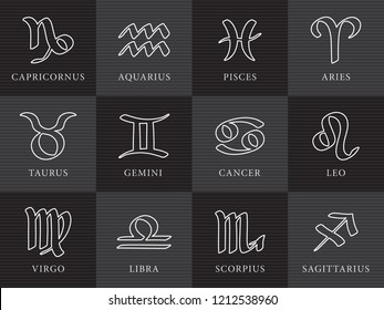12 Inverted Zodiac Signs Capricorn Aquarius Pisces Aries Taurus Gemini Cancer Leo Virgo Libra Scorpio Sagittarius and Logos Lettering - White Outlines on Black Background - Vector Hand Drawn Design