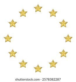 12 Isolated golden stars arranged in a circle, round shape on a transparent background. Brass star with metallic effect. Shiny element for medal, award, rating, customer feedback. Vector EPS10