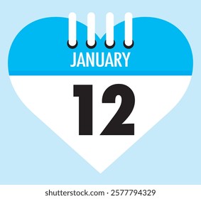 12 January calendar icon sky blue heart shape on light sky blue color background, calendar vector symbol for the month of January.