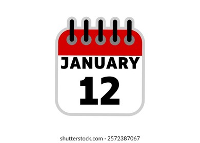 12 January calendar icon text page monthly web design on red, black and white background vector, icon, or illustration with the month of January 12