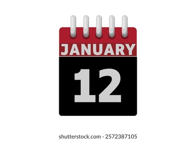 12 January calendar icon text page monthly web design on red, black and white background vector, icon, or illustration with the month of January 12