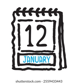 12 January date calendar - A simple yet elegant line art illustration of a date calendar captures the essence of organization and timekeeping. The clean lines and minimalistic design