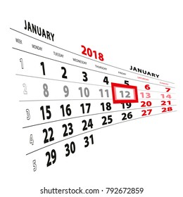 12 January highlighted on calendar 2018. Week starts from Monday. Vector Illustration.