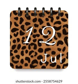 12 July. Leopard print calendar daily icon. White letters. Date day week Sunday, Monday, Tuesday, Wednesday, Thursday, Friday, Saturday.