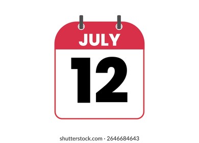 12 july month single day vector, illustration, calendar with red, black and white color background calendar icon of july 12