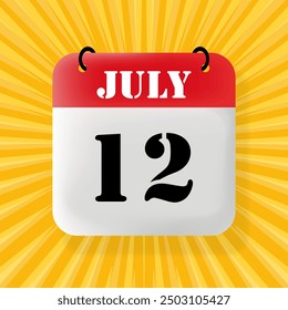 12 July. Speech bubble with calendar 2024, 2025. Year, month, day, week, time management. Planning concept. 3d illustration. Pop art style. Vector line icon for Business and Advertising