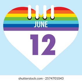 12 June calendar icon pride color heart shape on light sky blue color background, calendar vector symbol for the month of  June.