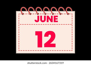 12 June calendar icon text page monthly web design on red, rose and black background vector, icon, or illustration with the month of June 12