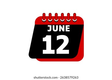 12 June calendar icon text page monthly web design on red, black and white background vector, icon, or illustration with the month of June 12