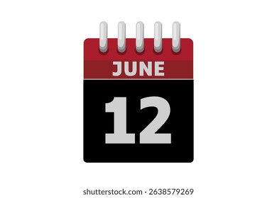 12 June calendar icon text page monthly web design on red, black and white background vector, icon, or illustration with the month of June 12