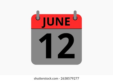 12 June calendar icon text page monthly web design on red, black and white background vector, icon, or illustration with the month of June 12