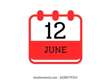 12 June calendar icon text page monthly web design on red, black and white background vector, icon, or illustration with the month of June 12