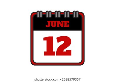 12 June calendar icon text page monthly web design on red, black and white background vector, icon, or illustration with the month of June 12