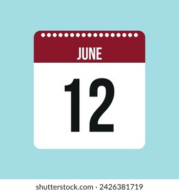 12 June calendar vector icon. Red and black June date for the days of the month and the week on a light background