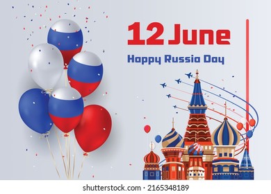 12 June Happy Russia day horizontal greeting card with colorful flying confetti and national flag of of Russian Federation. Along with the sights of Moscow Red Square and the balloon