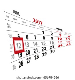 12 June highlighted on calendar 2017. Week starts from Monday. Vector Illustration.