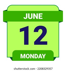 12 June, Monday. Date template. Useful design for calendar or event promotion. Vector illustration EPS 10 File. Isolated on white background.