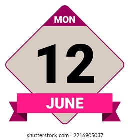 12 June, Monday. Date template. Useful design for calendar or event promotion. Vector illustration EPS 10 File. Isolated on white background.