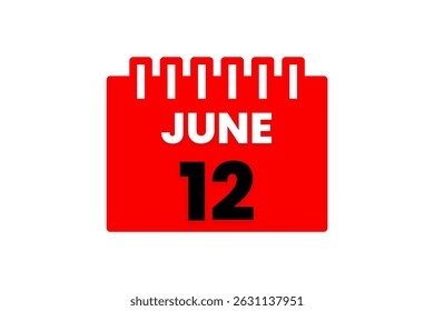 12 June month single day vector, illustration, calendar with red, black and white color background calendar icon of June 12
