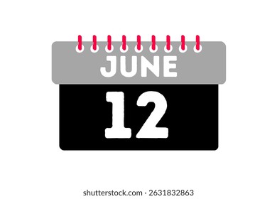 12 junho mês vetor dia único, ilustração, calendário com cinza, preto, vermelho e branco ícone de calendário de fundo de cor de junho 12