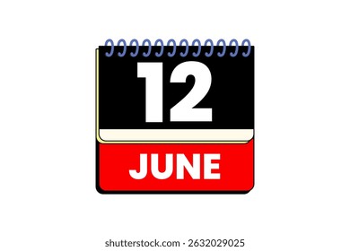 12 June month single day vector, illustration, calendar with red, black and white color background calendar icon of June 12