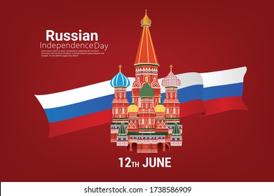 12 June Russia Day Concept with Russian Flags, Russian coat of arms  and Ribbons Decorated on red Background 