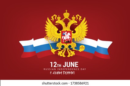 12. Juni Russland-Tag Konzept mit russischen Flaggen, russische Wappen und Ribbons dekoriert auf rotem Hintergrund 